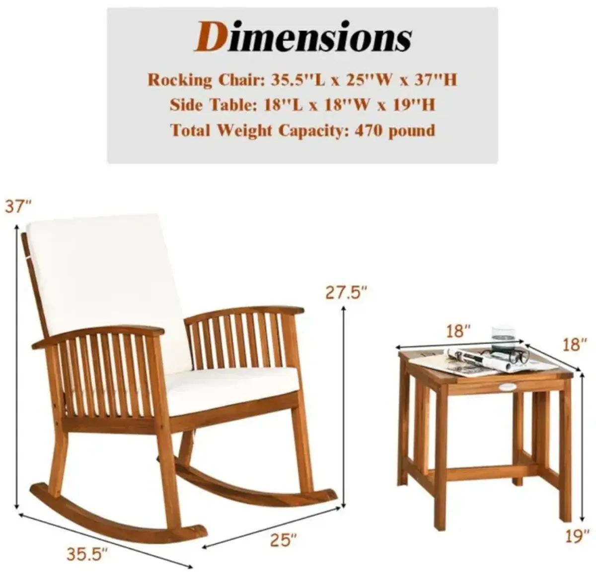 Hivvago 2 Pieces Acacia Wood Patio Rocking Chair Table Set