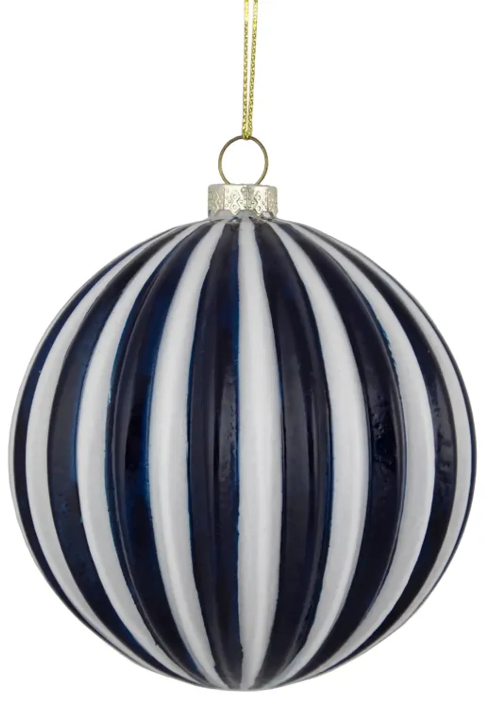 4" Blue and White Striped Glass Christmas Ornament