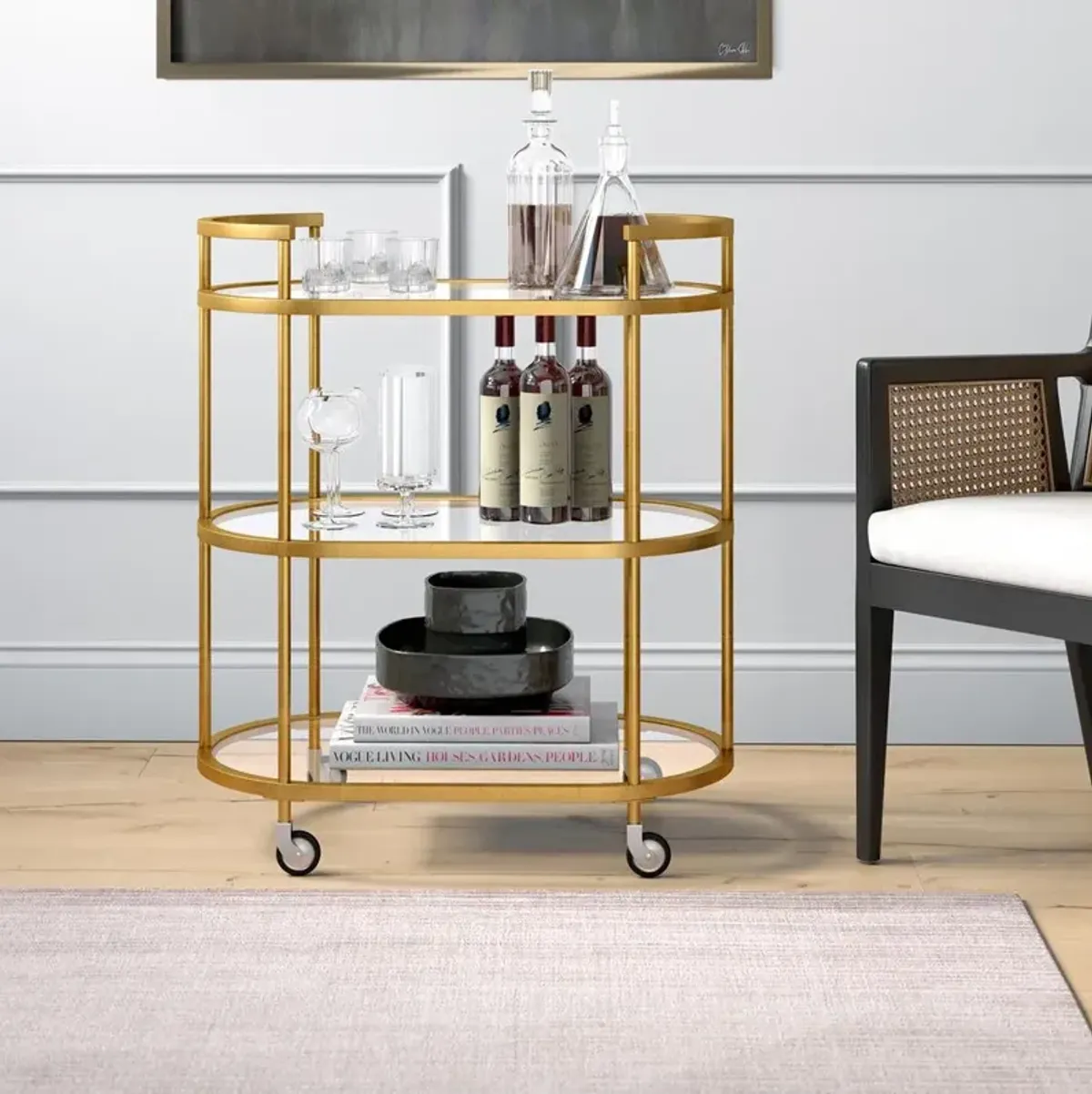 Hudson&Canal Leif 30'' Wide Oval Bar Cart in Brass