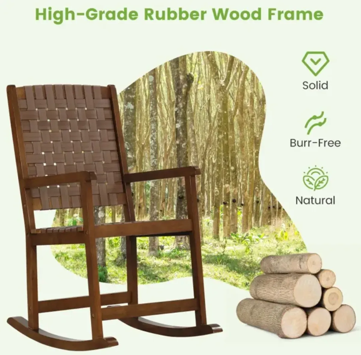 Hivvago Patio Wood Rocking Chair with PU Seat and Rubber Wood Frame