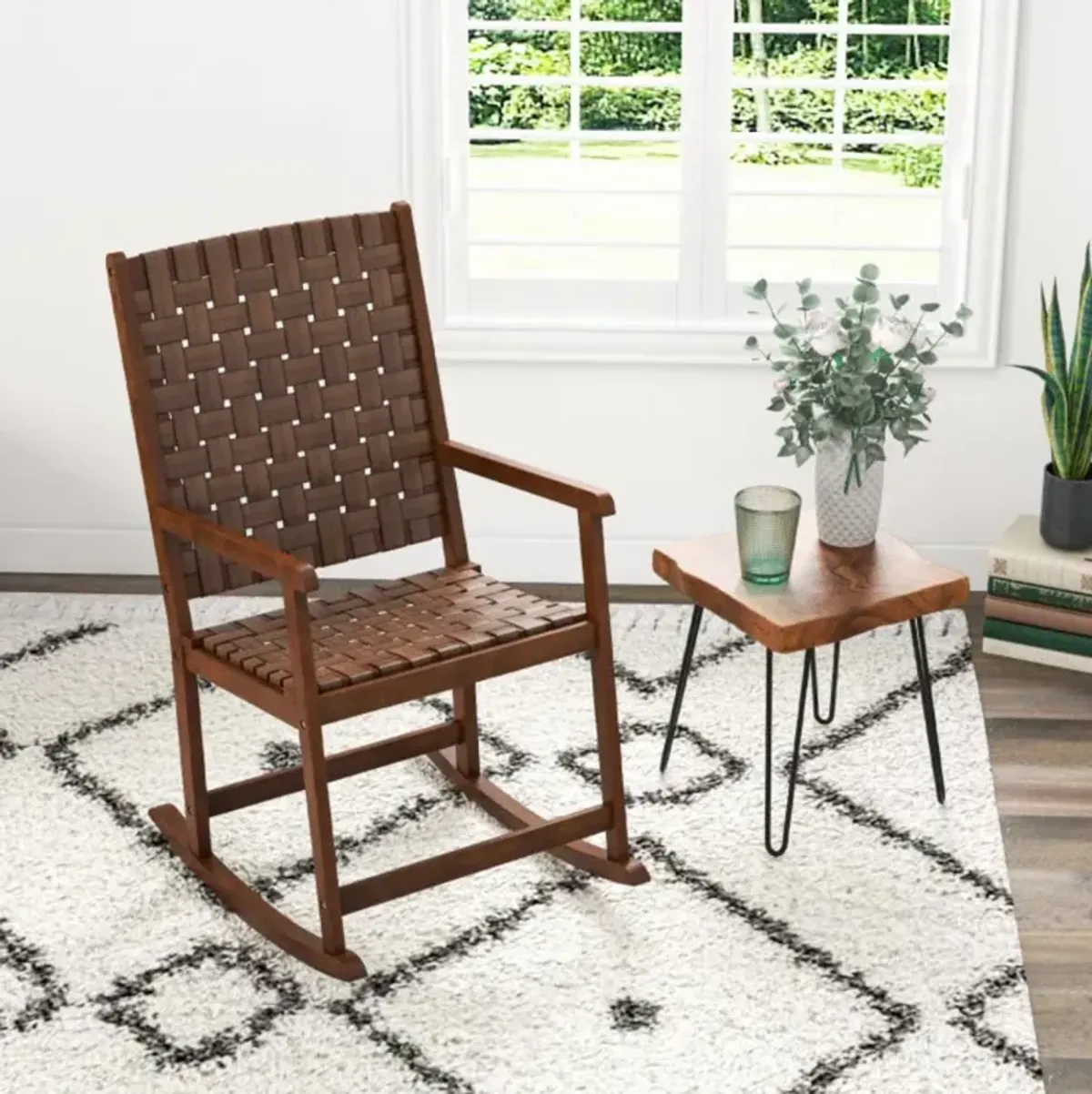 Hivvago Patio Wood Rocking Chair with PU Seat and Rubber Wood Frame