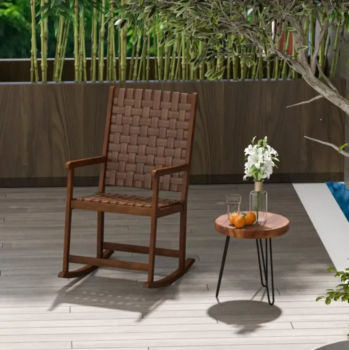 Hivvago Patio Wood Rocking Chair with PU Seat and Rubber Wood Frame