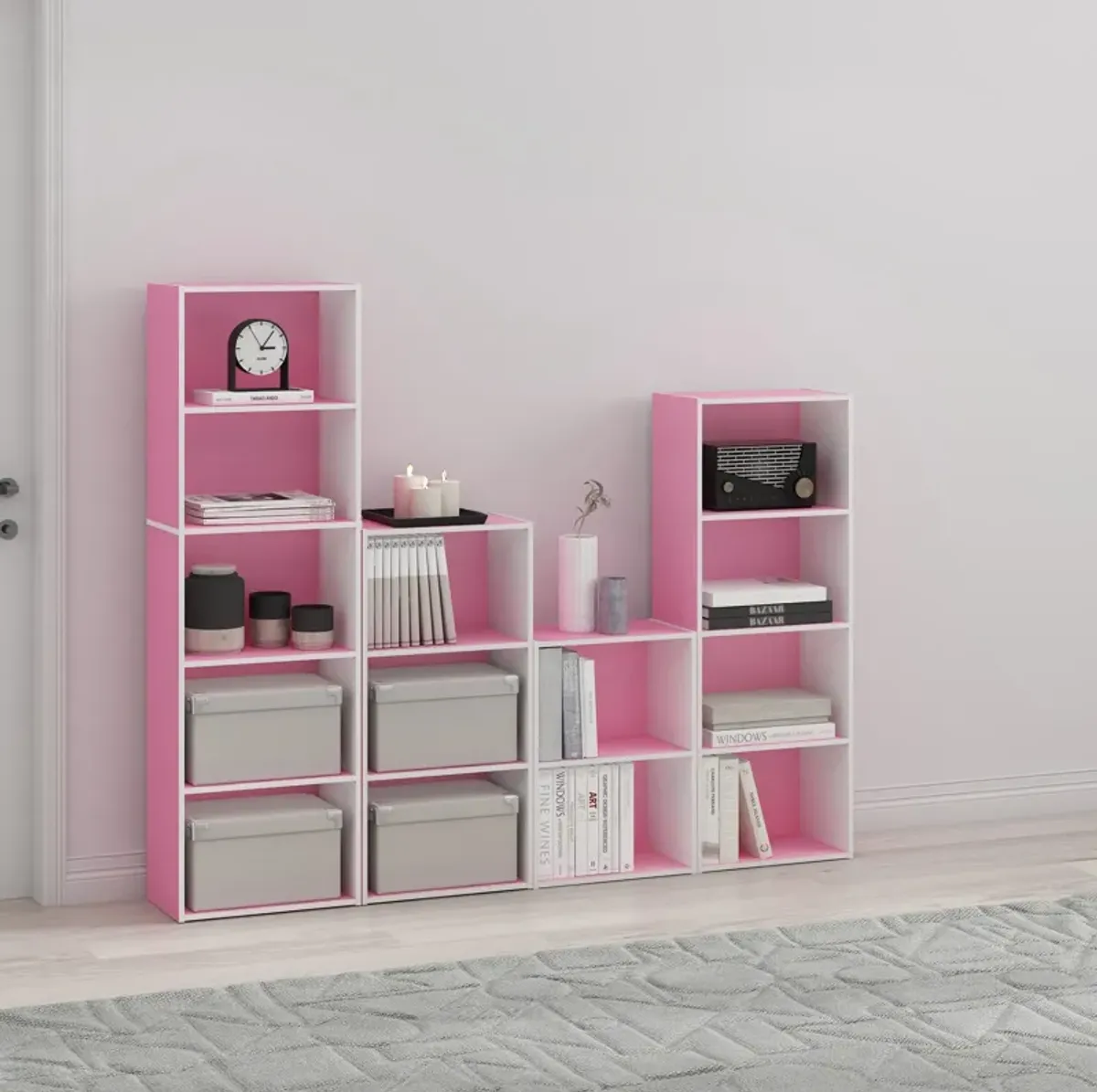 Furinno Luder Bookcase / Book / Storage, 4-Tier, Pink/White