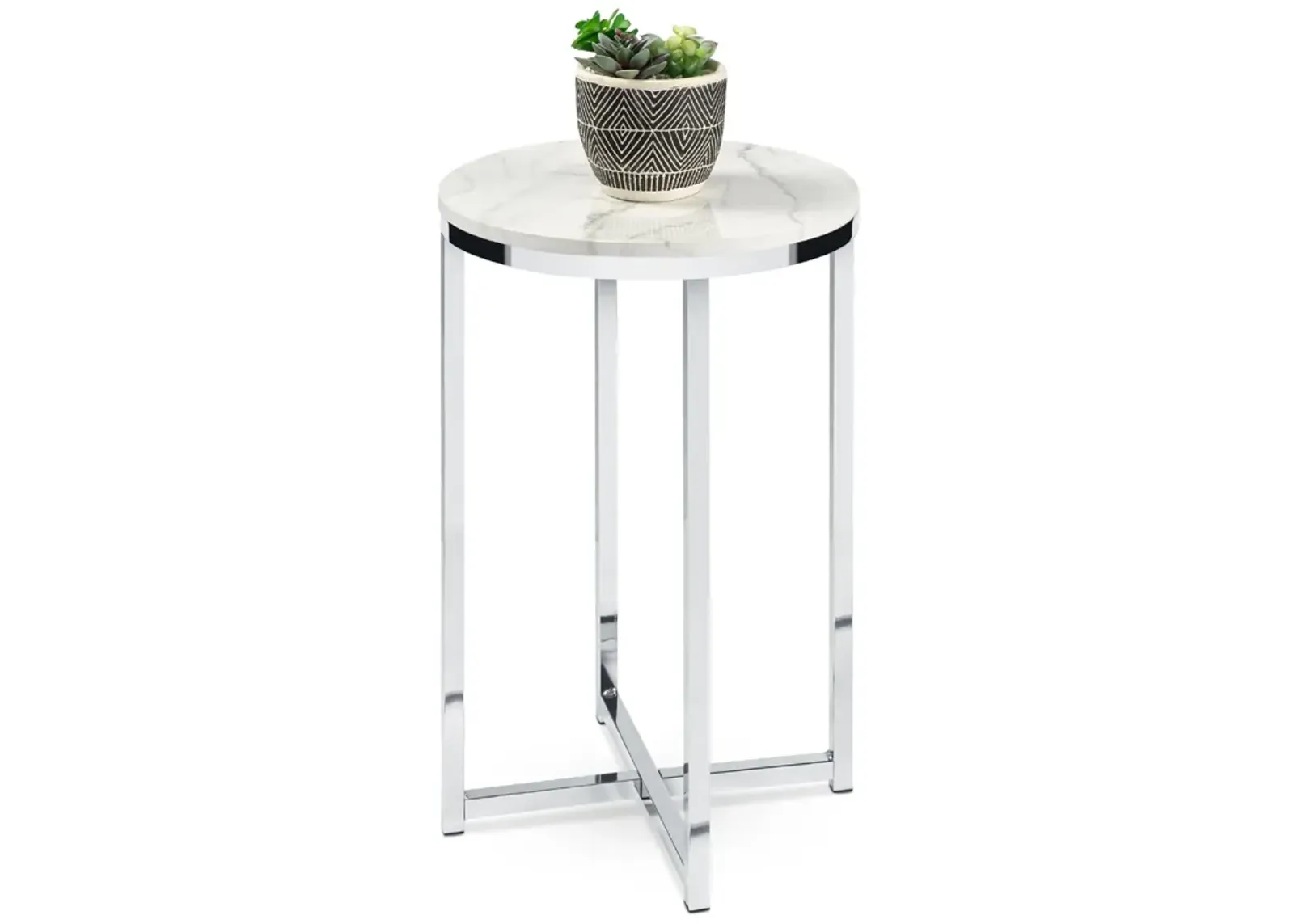 Hivvago Round Cross Leg Design Coffee Side Table Nightstand with Faux Marble Top White/Chrome