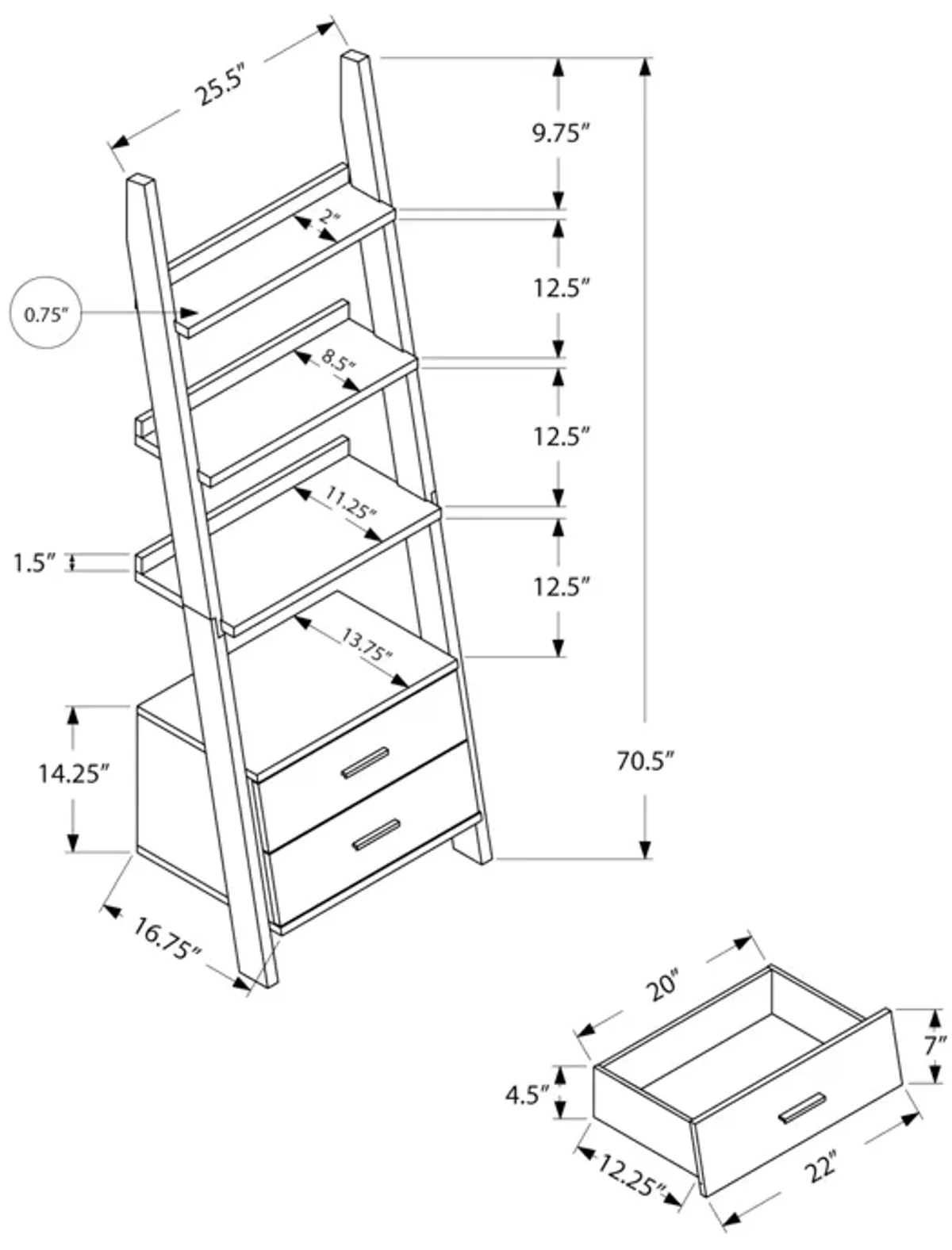 Monarch Specialties I 2756 Bookshelf, Bookcase, Etagere, Ladder, 4 Tier, 69"H, Office, Bedroom, Laminate, Grey, White, Contemporary, Modern