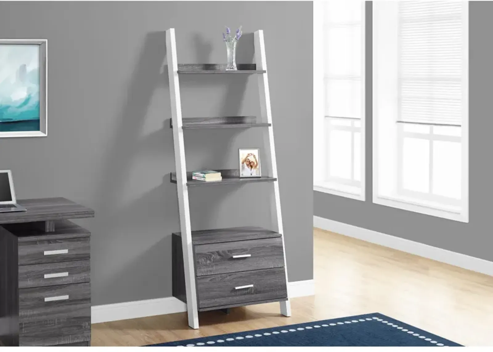 Monarch Specialties I 2756 Bookshelf, Bookcase, Etagere, Ladder, 4 Tier, 69"H, Office, Bedroom, Laminate, Grey, White, Contemporary, Modern