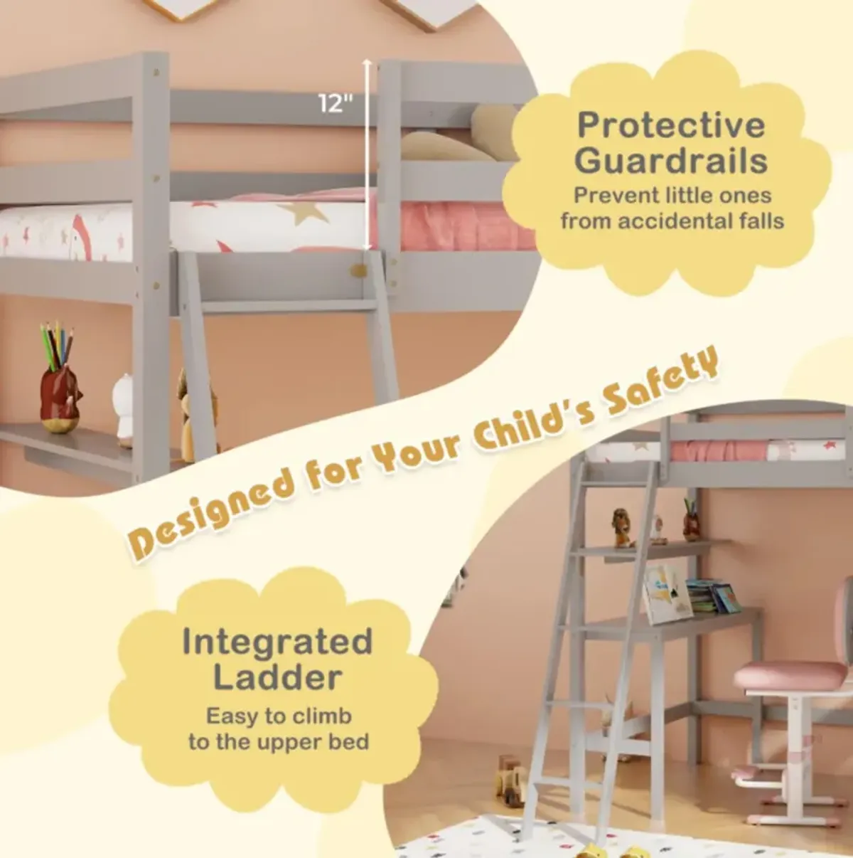 Hivvago Twin Size Loft Bed with Desk and Bookshelves for Kids and Teens