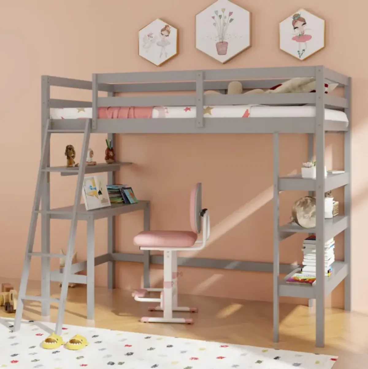 Hivvago Twin Size Loft Bed with Desk and Bookshelves for Kids and Teens