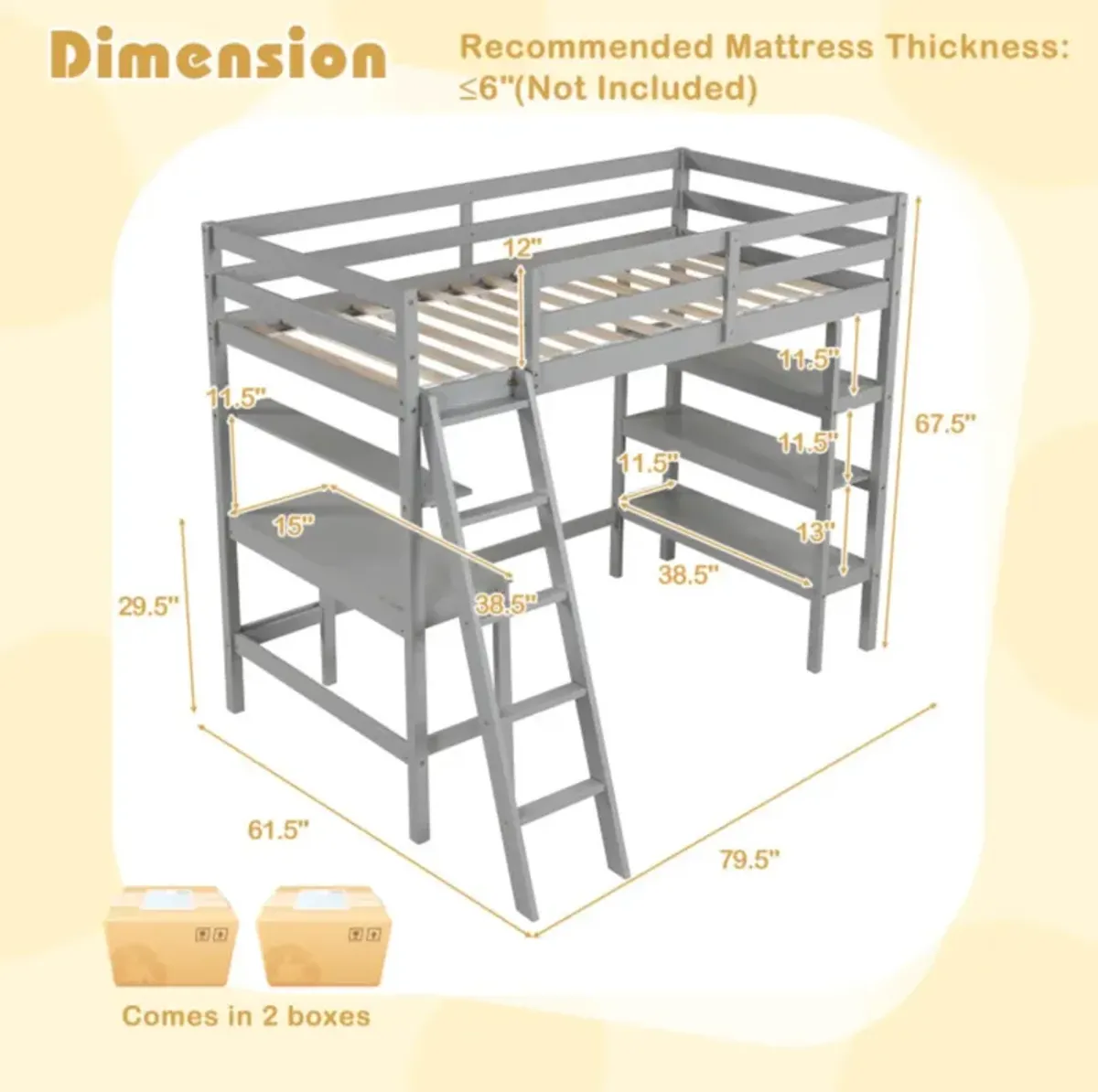 Hivvago Twin Size Loft Bed with Desk and Bookshelves for Kids and Teens