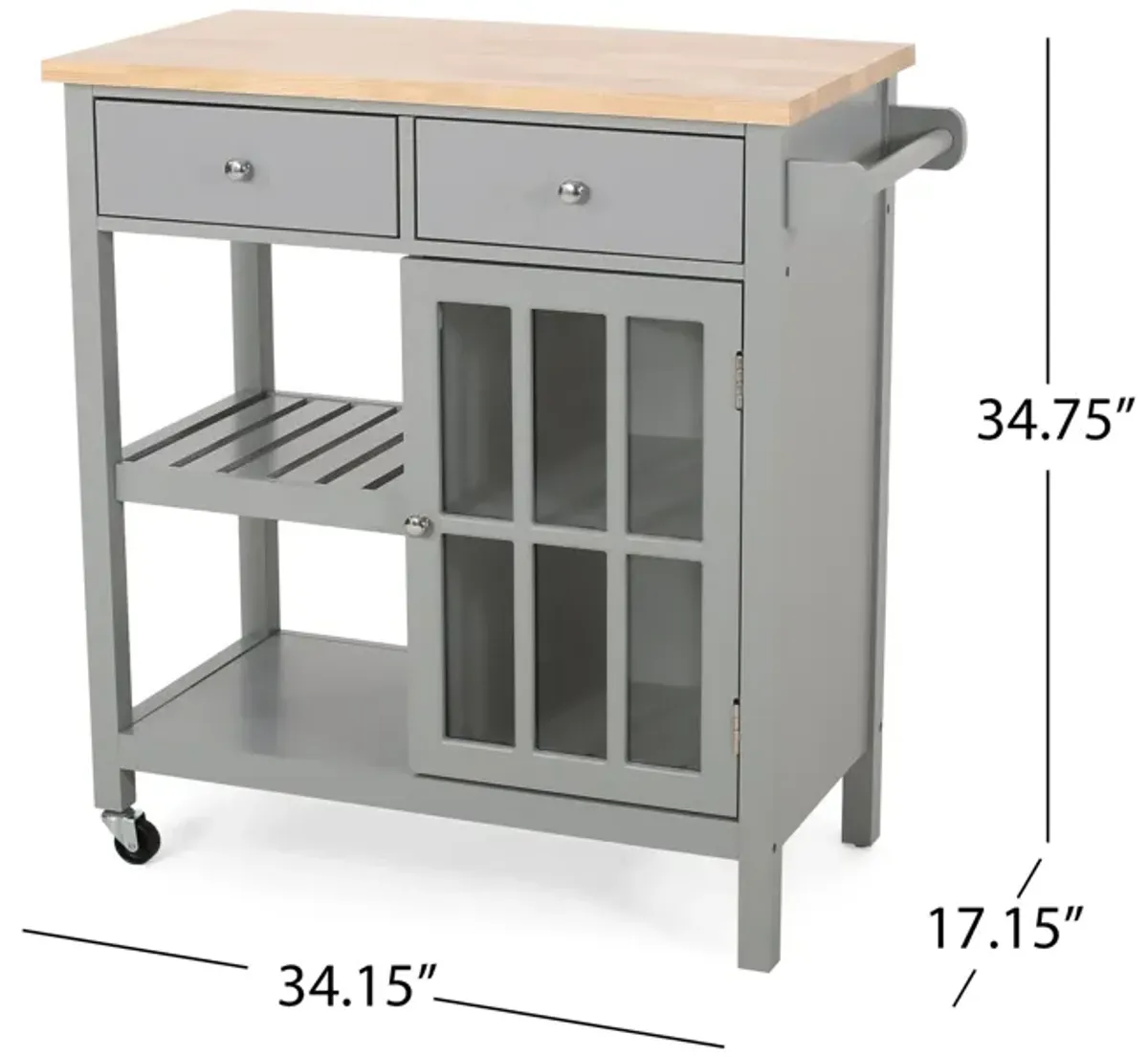 Rolling Kitchen Island Bar Cart, 1 Glass Door, Gray n Natural Brown - Benzara