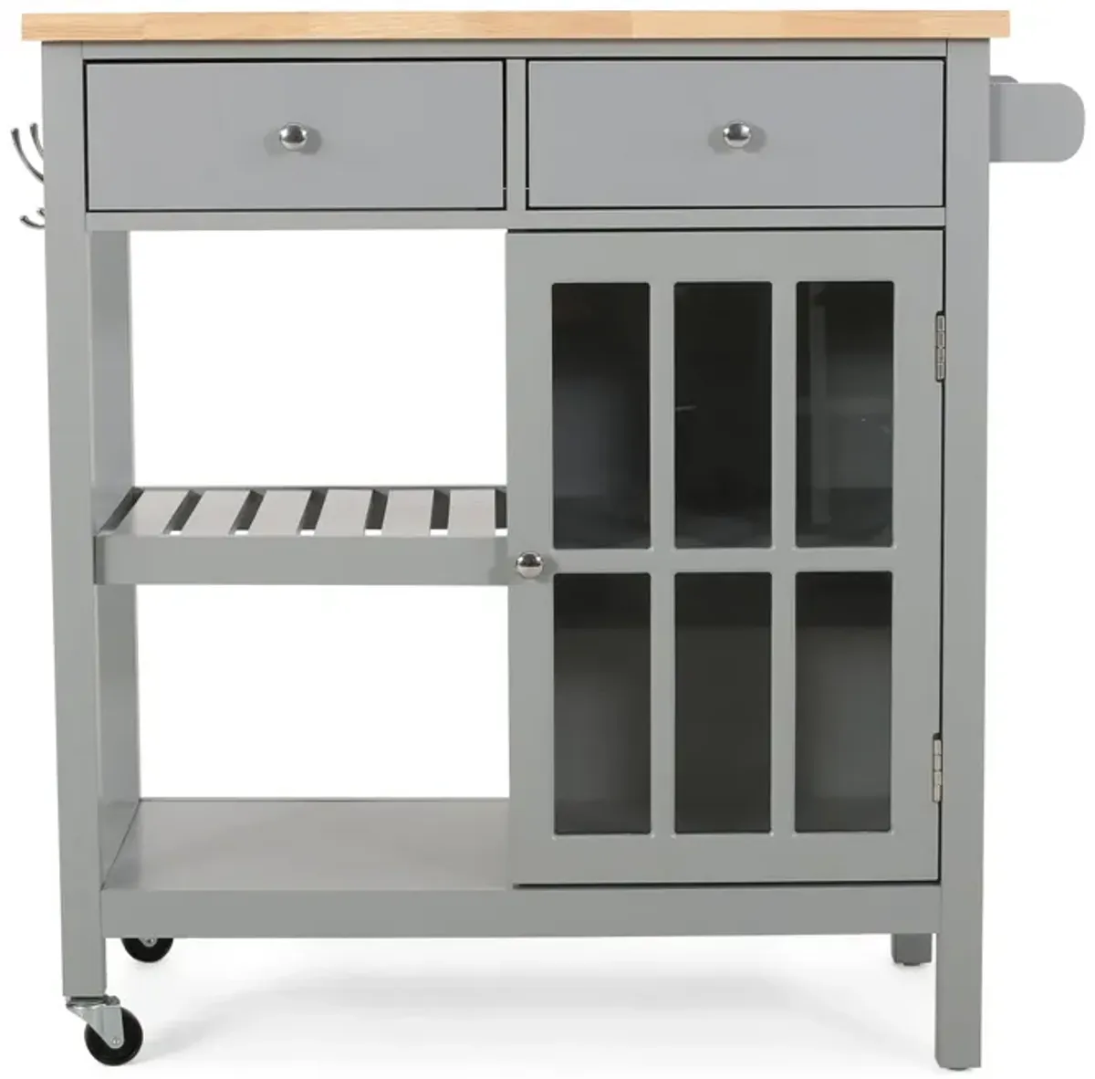 Rolling Kitchen Island Bar Cart, 1 Glass Door, Gray n Natural Brown - Benzara