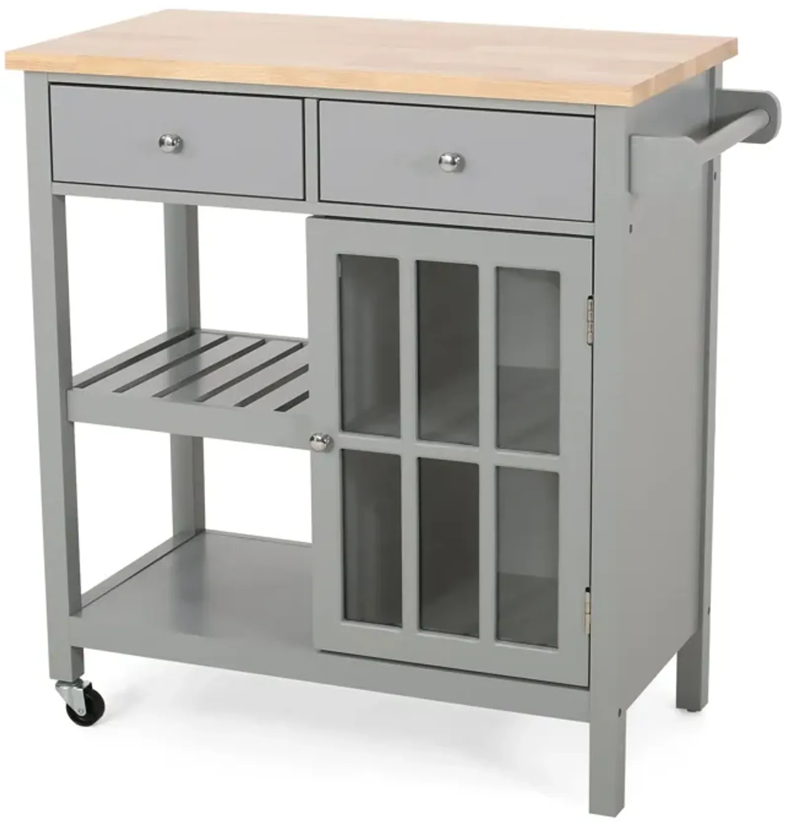 Rolling Kitchen Island Bar Cart, 1 Glass Door, Gray n Natural Brown - Benzara