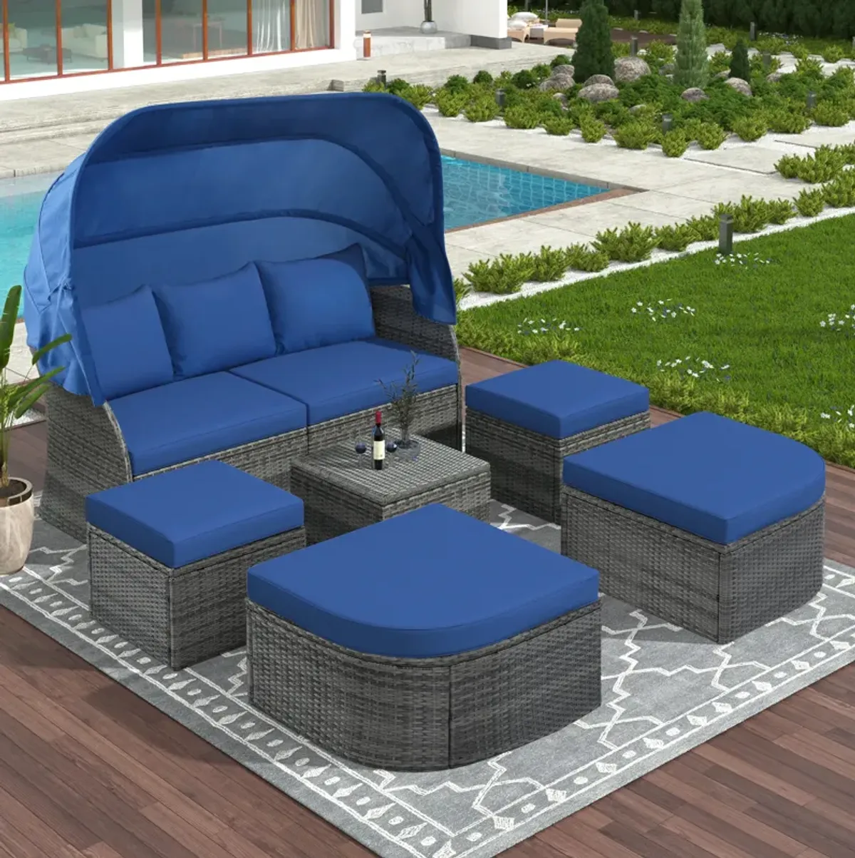 Merax Outdoor Patio Furniture Set Daybed Sunbed with Retractable Canopy Conversation Set Wicker Furniture