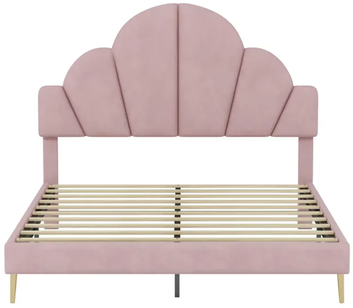 Merax Modern Velvet Platform Bed with Petal Shape Headboard