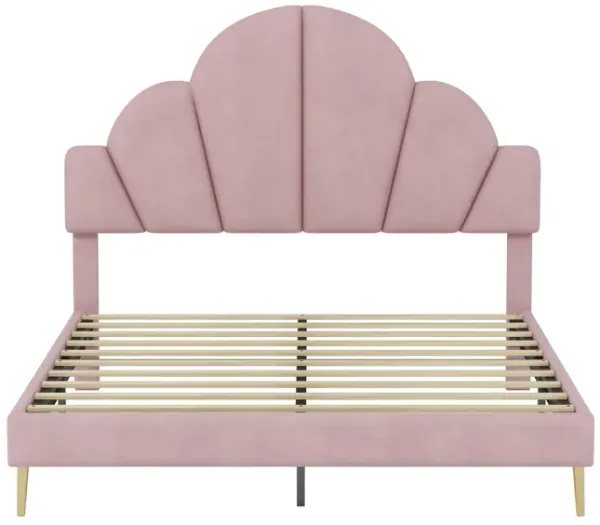 Merax Modern Velvet Platform Bed with Petal Shape Headboard