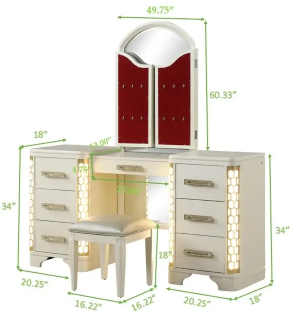 Jasmine Vanity Set With Side LED Lightning Made With Wood In Beige