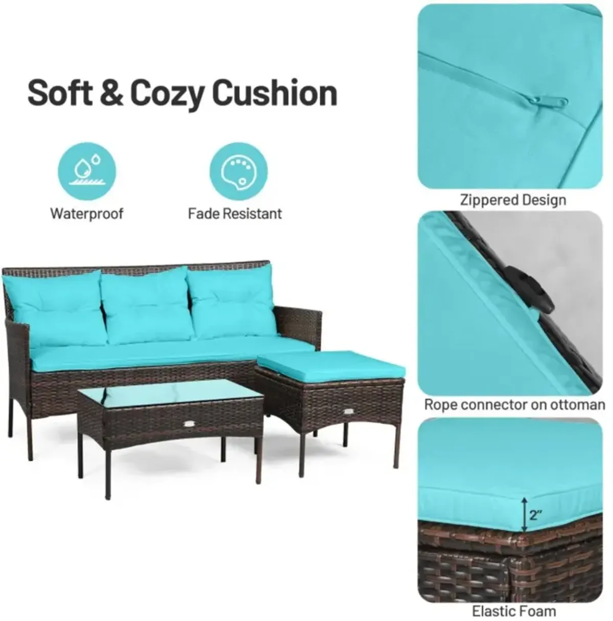 Hivvago 3 Pieces Patio Furniture Sectional Set with 5 Cozy Cushions