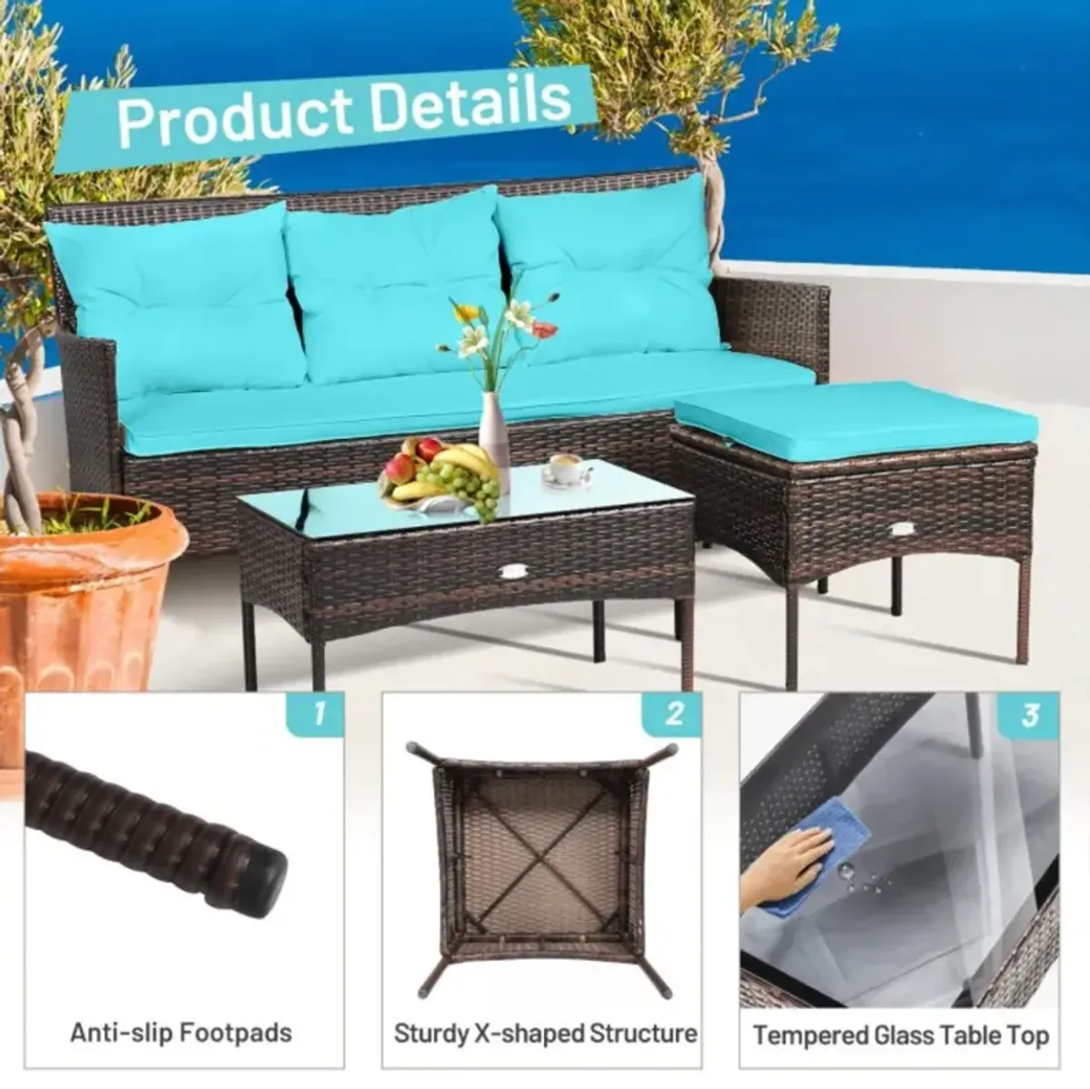 Hivvago 3 Pieces Patio Furniture Sectional Set with 5 Cozy Cushions