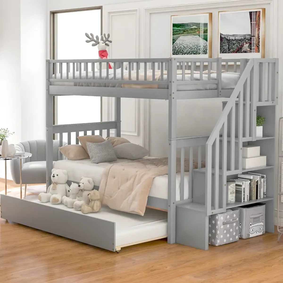 Merax Solid Bunk Bed with Trundle and Storage