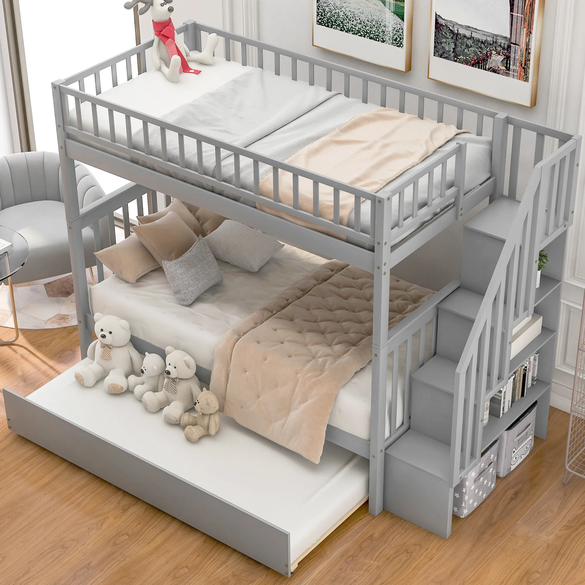 Merax Solid Bunk Bed with Trundle and Storage