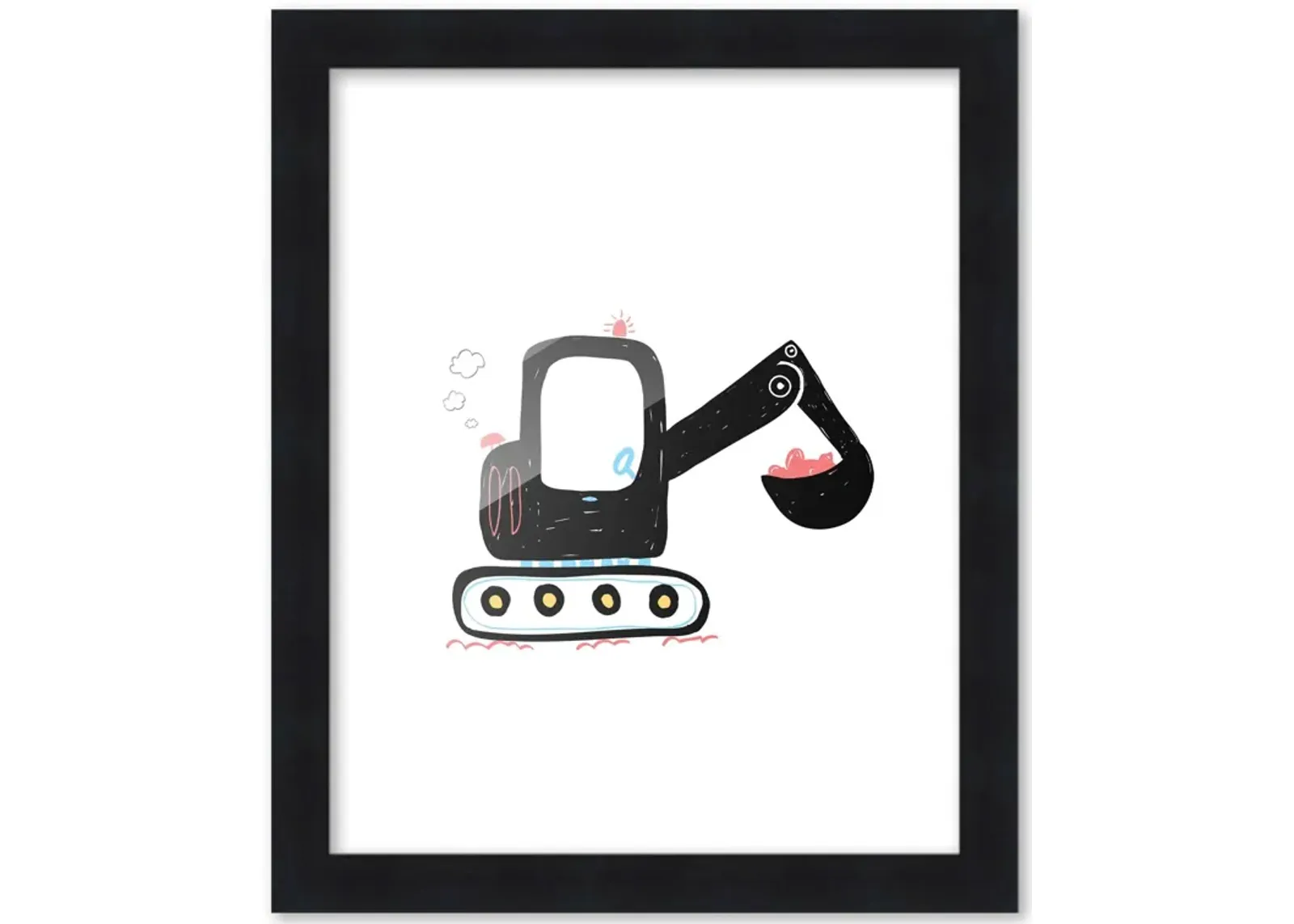 8x10 Framed Nursery Wall Art Construction Excavator Poster in Black Wood Frame For Kid Bedroom or Playroom