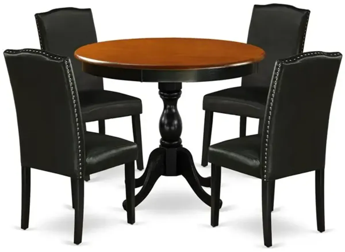 East West Furniture 5-Piece Round Table Set Contains a Wood Kitchen Table and 4 Black PU Leather Upholstered Chairs with High Back - Black Finish