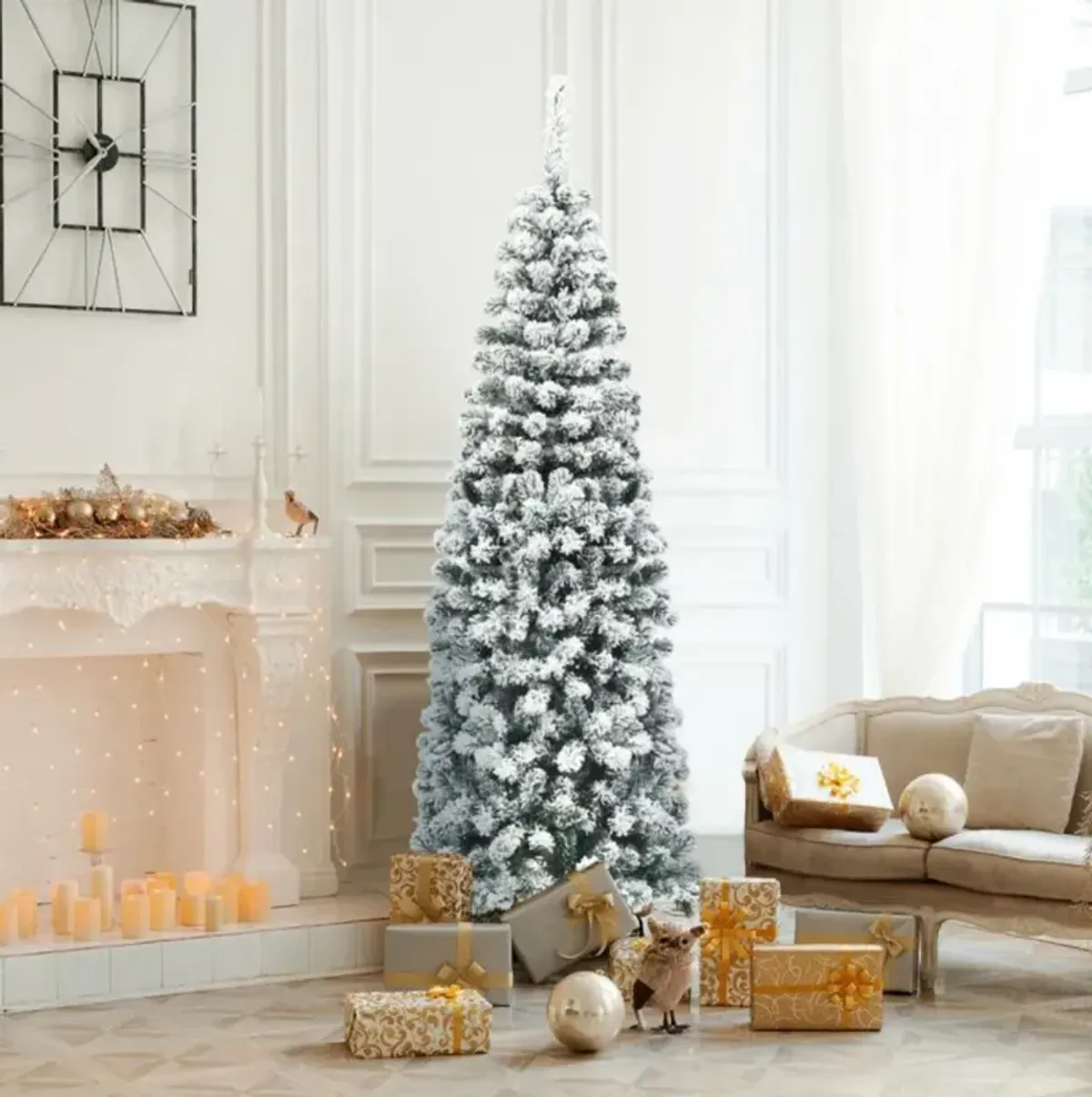 Hivvago 6 Feet Unlit Hinged Snow Flocked Artificial Pencil Christmas Tree with 500 Branch Tip