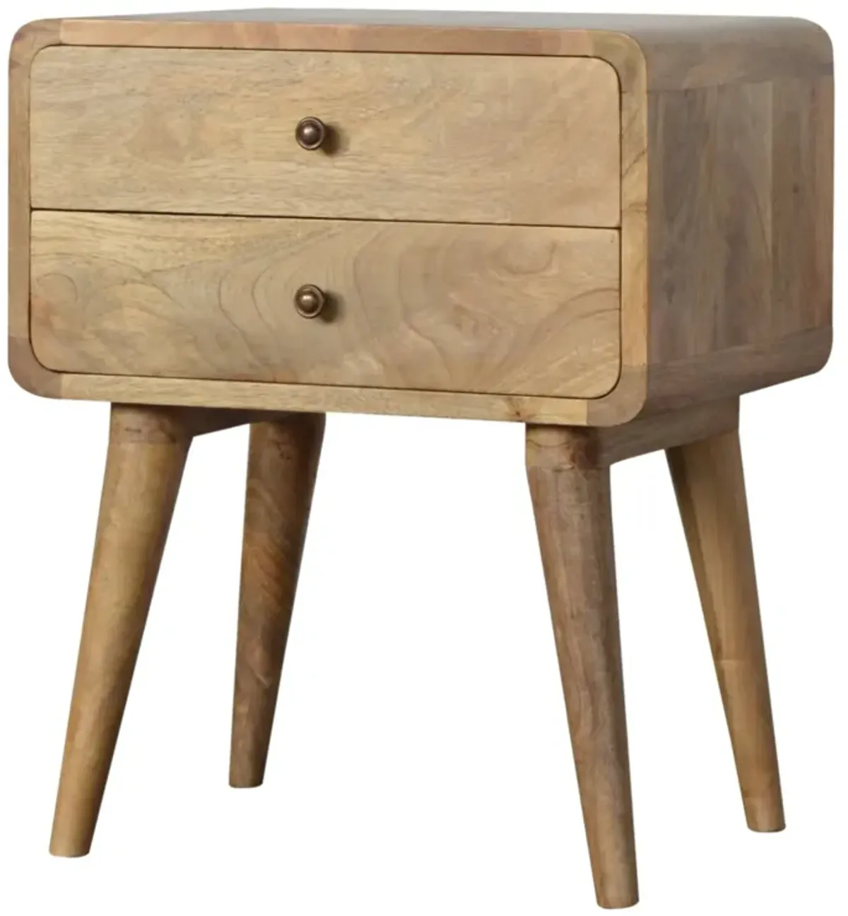 Solid Wood 2 Drawer Curved Oak-ish Nightstand