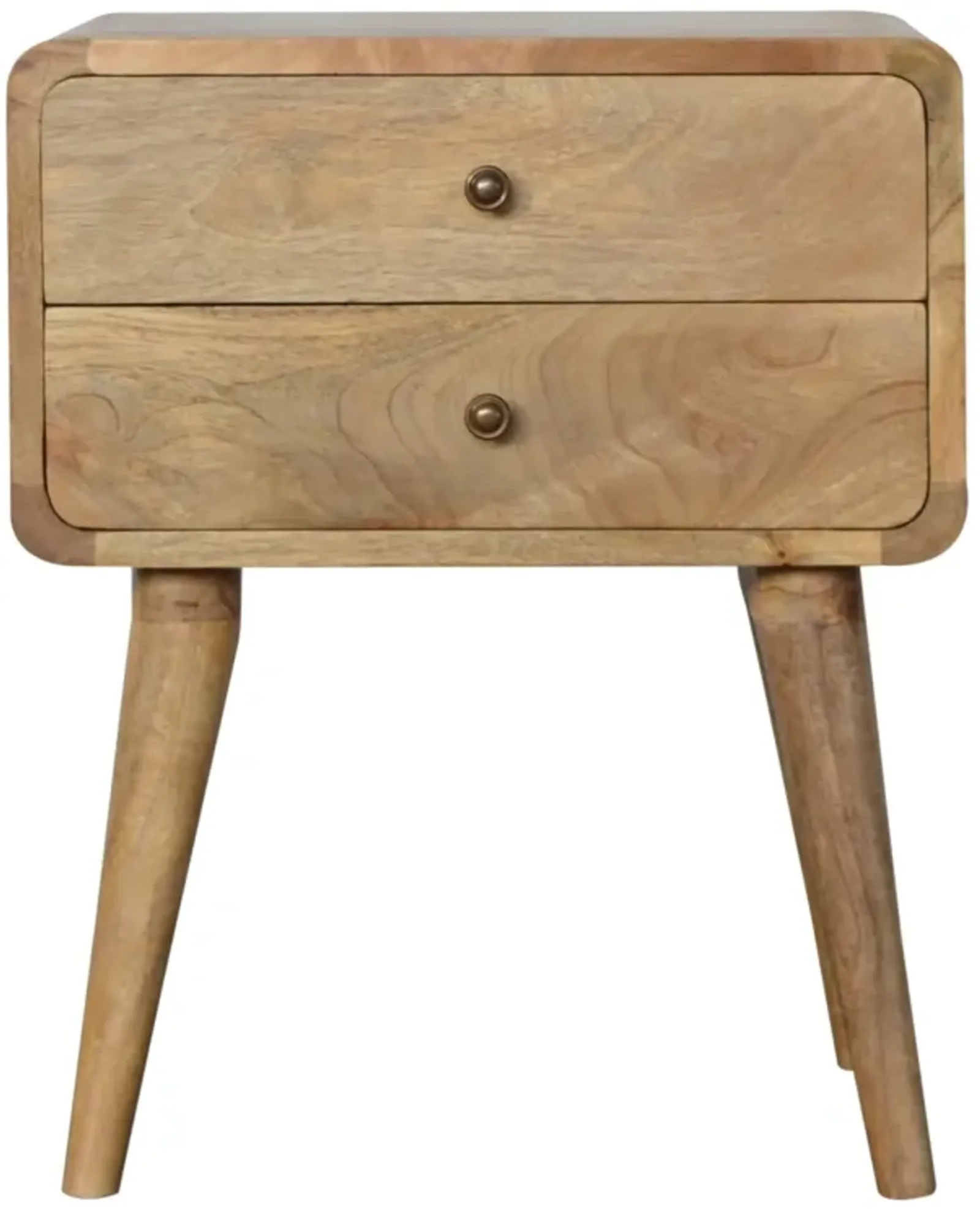 Solid Wood 2 Drawer Curved Oak-ish Nightstand