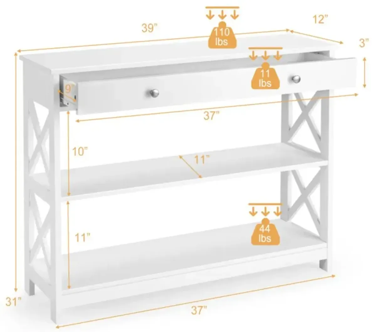 Hivvago Console Table 3-Tier with Drawer and Storage Shelves