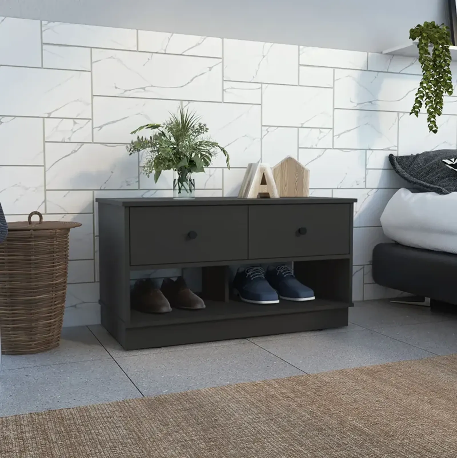 Hamilton Storage Bench, Two Open Shelves, Two Drawers