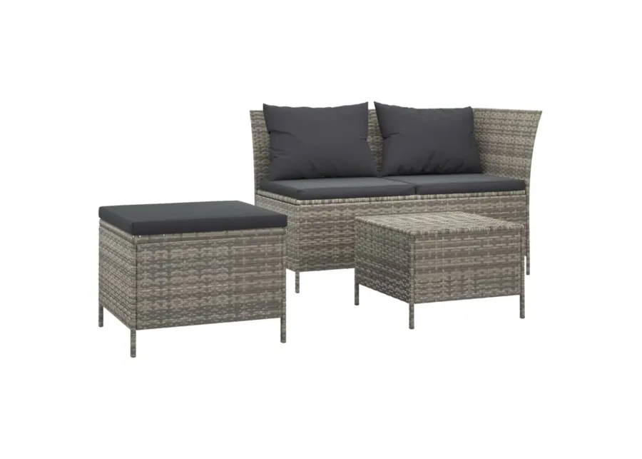 vidaXL 3 Piece Patio Lounge Set with Cushions Gray Poly Rattan