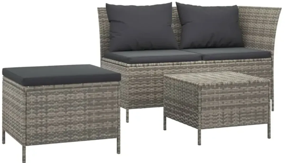 vidaXL 3 Piece Patio Lounge Set with Cushions Gray Poly Rattan