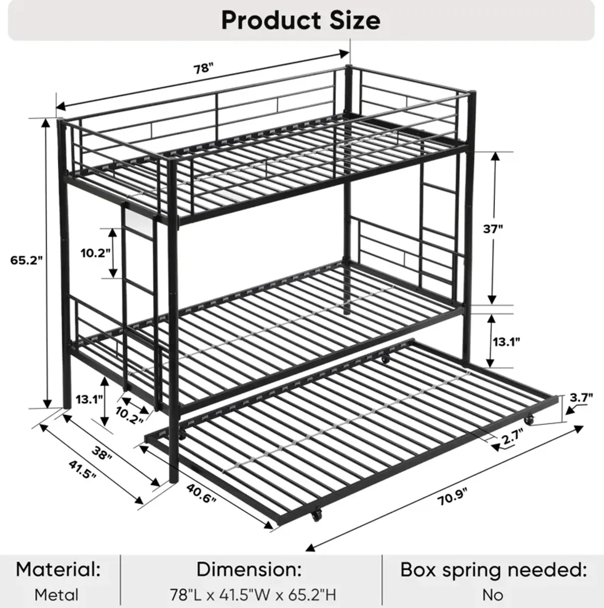 Metal bunk bed with trundle, twin over twin