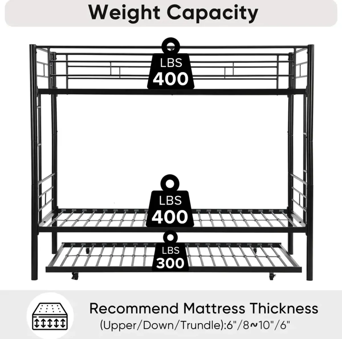 Metal bunk bed with trundle, twin over twin