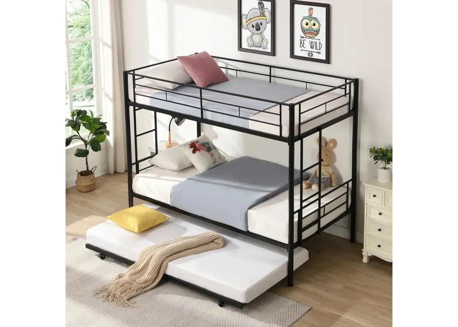 Metal bunk bed with trundle, twin over twin