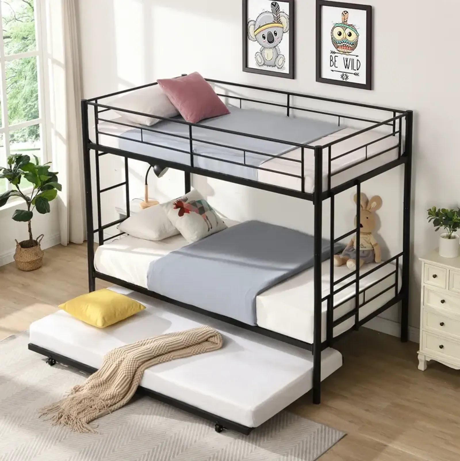 Metal bunk bed with trundle, twin over twin