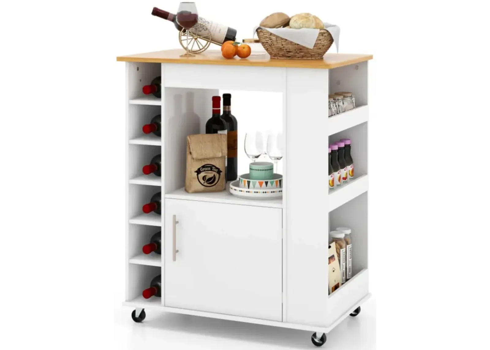 Hivvago Kitchen Cart on Wheels with Bamboo Top and 6-Bottle Wine Rack-White