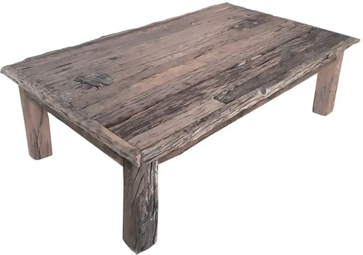 59 Inch Rustic Coffee Table, Rectangular Top, Old Antique Wood, Brown - Benzara