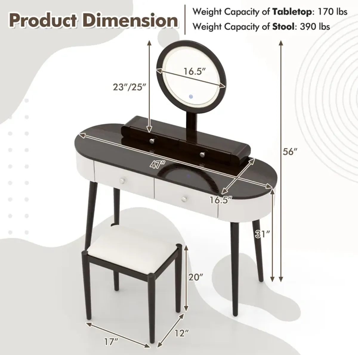 Makeup Vanity Table Set with LED Mirror and 3 Spacious Drawers