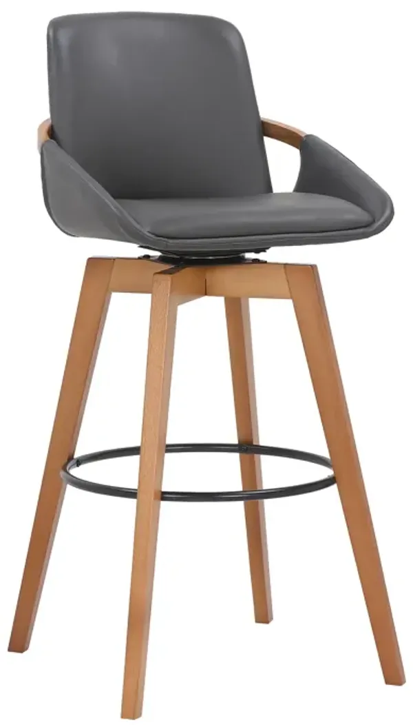 Baylor Gray Faux Leather and Walnut Wood Swivel Bar Stool