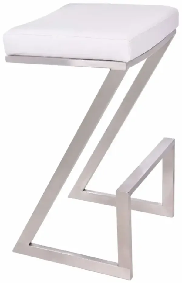 26 Inch Faux Leather Backless Barstool with Steel Z Shaped,White and Chrome-Benzara
