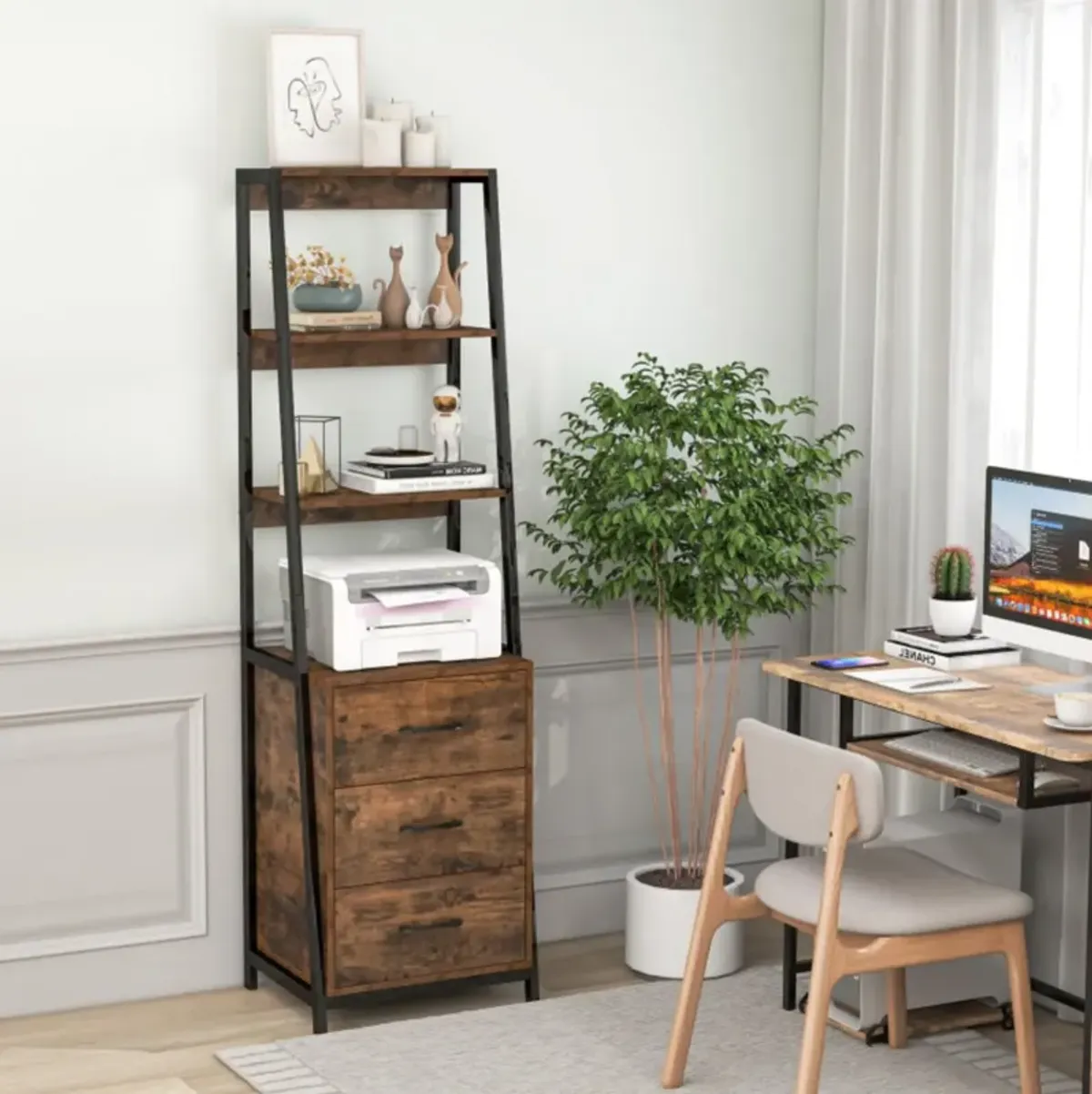 Hivvago Multifunctional Tall Bookcase with Open Shelves and Storage Drawers