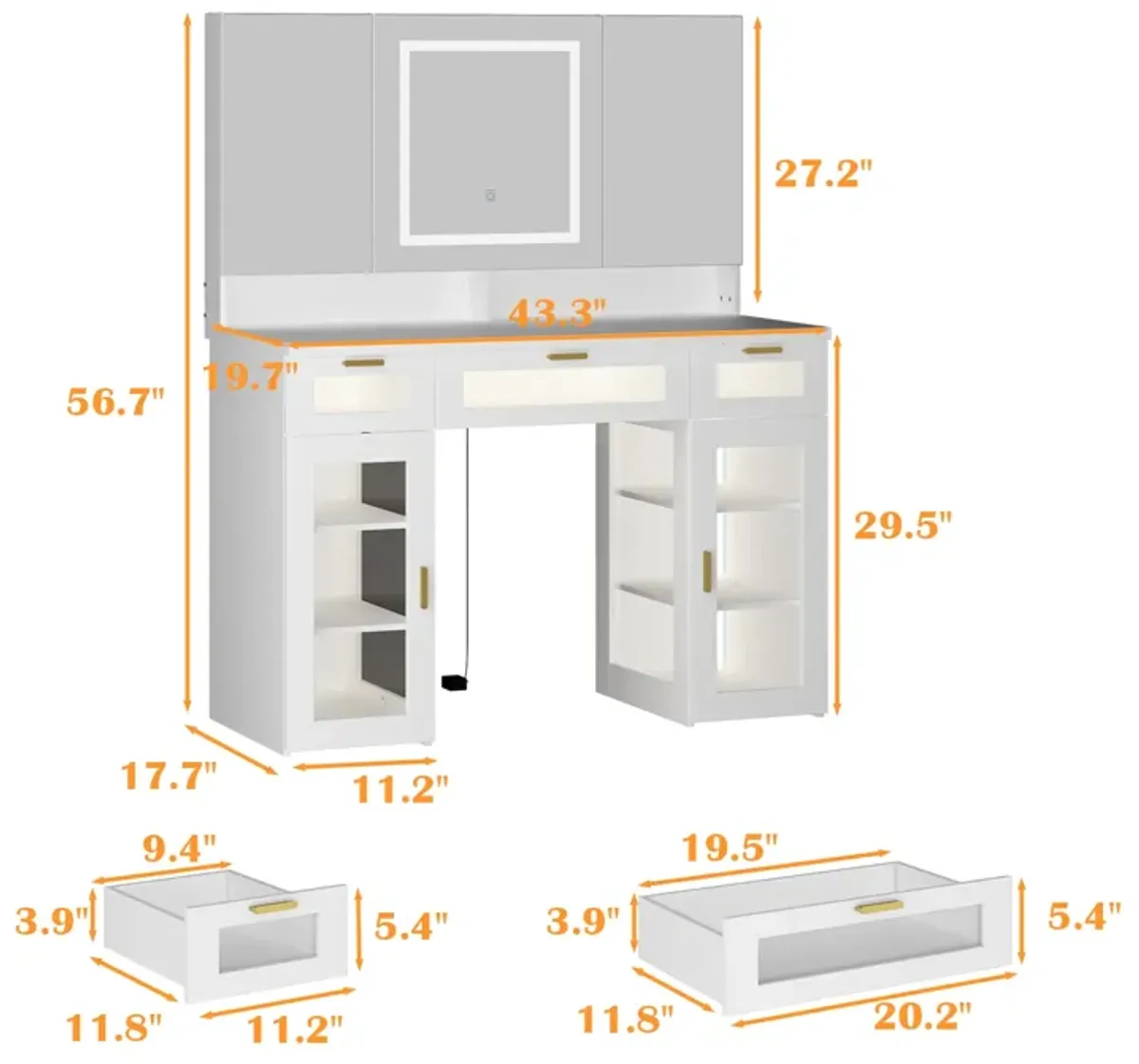 FUFU&GAGA 43.3-in White Makeup Vanity  (43.3" W x 19.7" D x 56.7" H), White