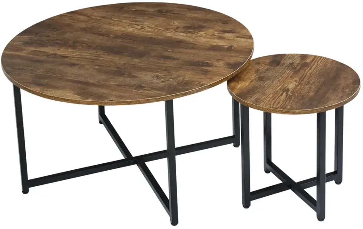 HOMCOM Round Coffee Table Set of 2, Industrial Living Room Tables with Metal Frame, Circle Coffee Tables for Living Room, Rustic Brown