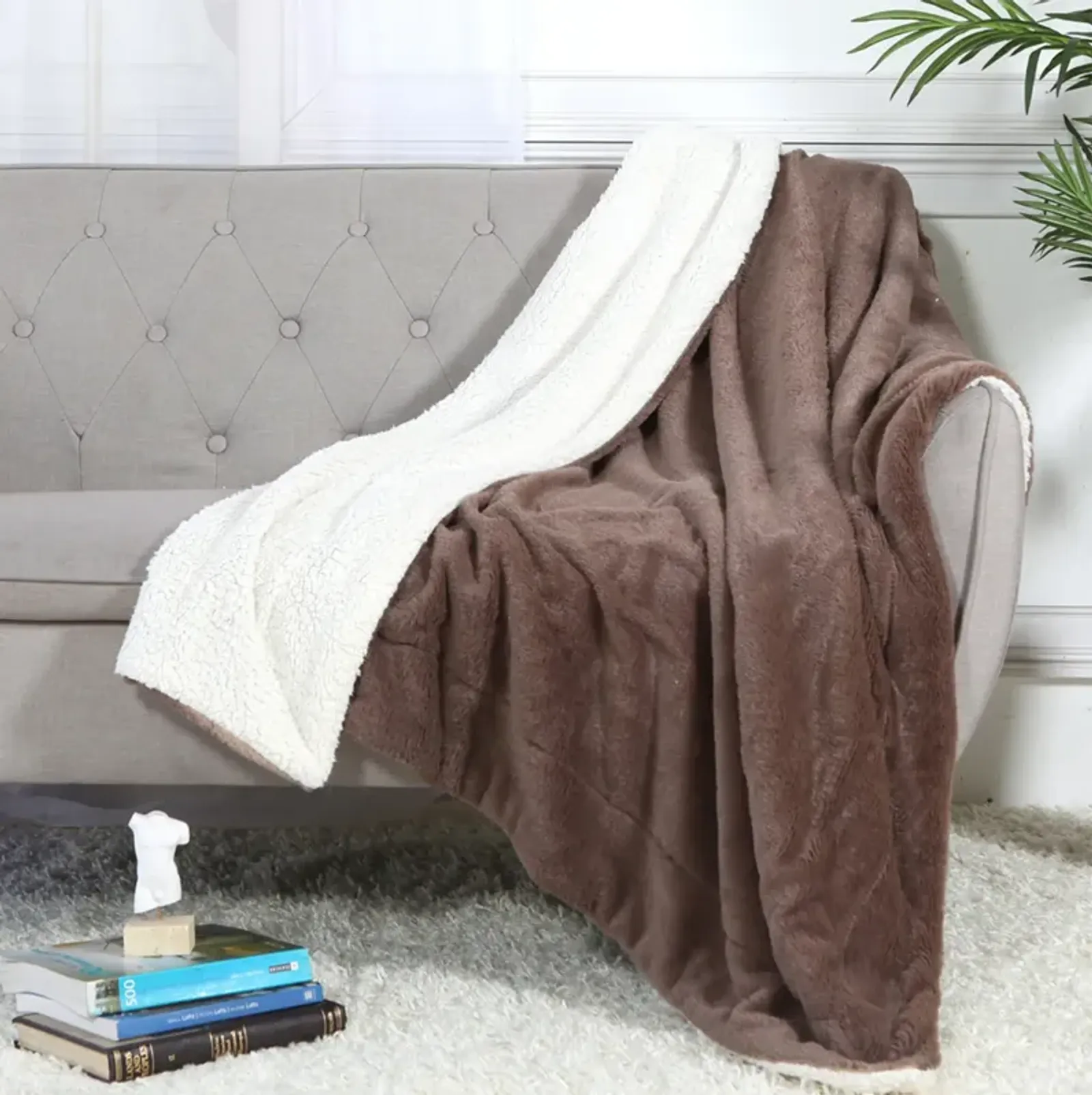 Legacy Decor Luxurious Soft Velour Fleece Throw with Super Ultra Soft Faux Fur on Backside Blanket 49”x 73” White Color