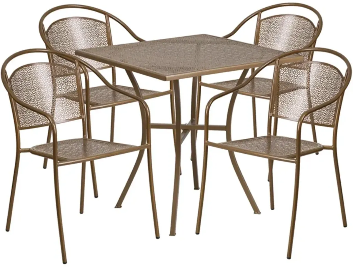 Flash Furniture Oia Commercial Grade 28" Square Gold Indoor-Outdoor Steel Patio Table Set with 4 Round Back Chairs