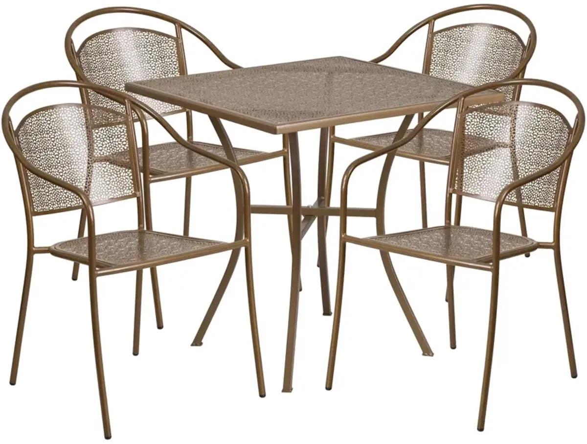 Flash Furniture Oia Commercial Grade 28" Square Gold Indoor-Outdoor Steel Patio Table Set with 4 Round Back Chairs