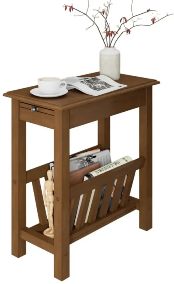 2-Tier End Table with Pull-out Tray and Solid Rubber Wood Legs