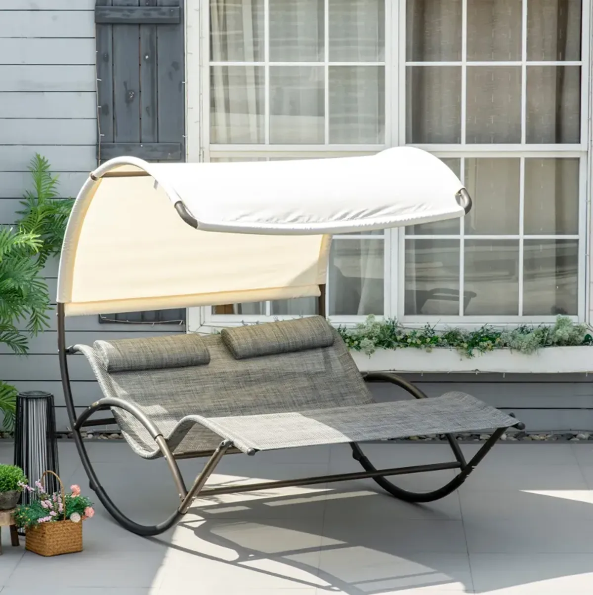 Light Gray Patio Lounger: Double Rocking Bed with Canopy